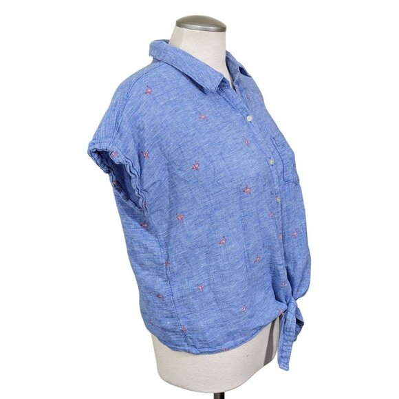 Old Navy Womens Button Up Tie Front Shirt Size L Blue Linen Cotton Flamingos - Picture 4 of 9